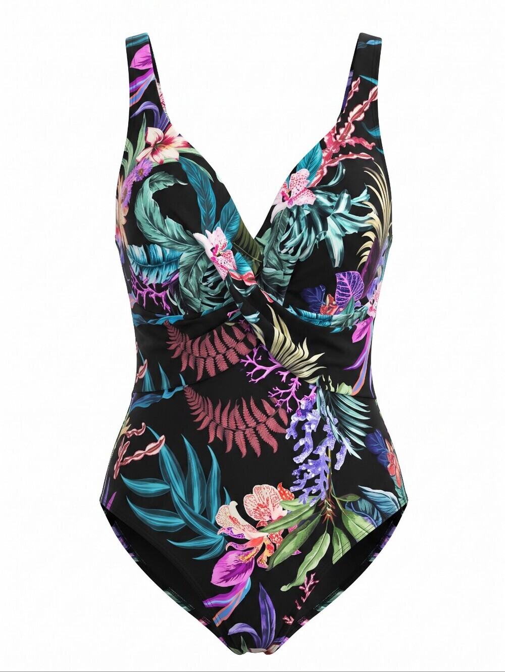Terra & Sky Black Swim Floral One-Piece Swimsuit Underwire Tummy Control Beach